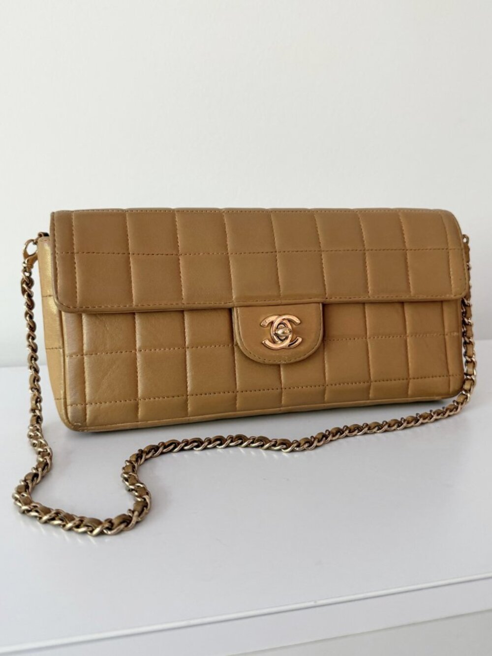 Chanel 2003 Vintage Choco Bar Lambskin Leather Chain Shoulder Bag in Beige Gold